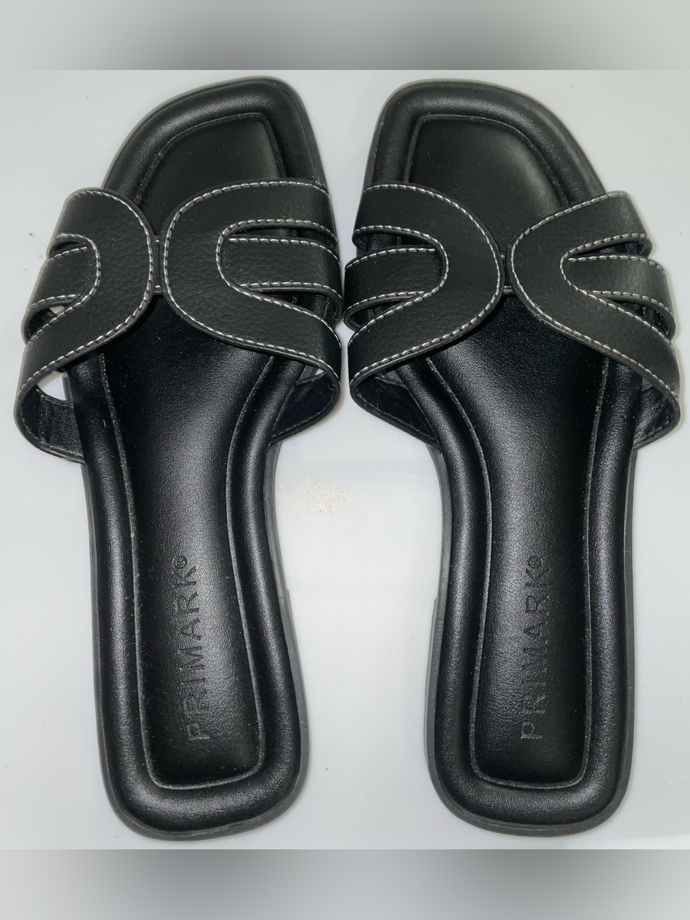 Primark Black Slip-On Women's Slide Sandals w/ White Contrast Stitching Size US